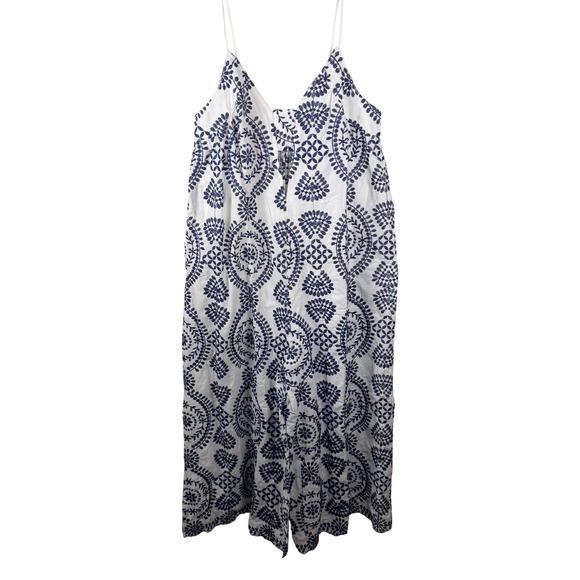 Blithe Pants - Blithe Los Angeles White Navy Blue Embroidered Wide Leg Jumpsuit Small NWT
